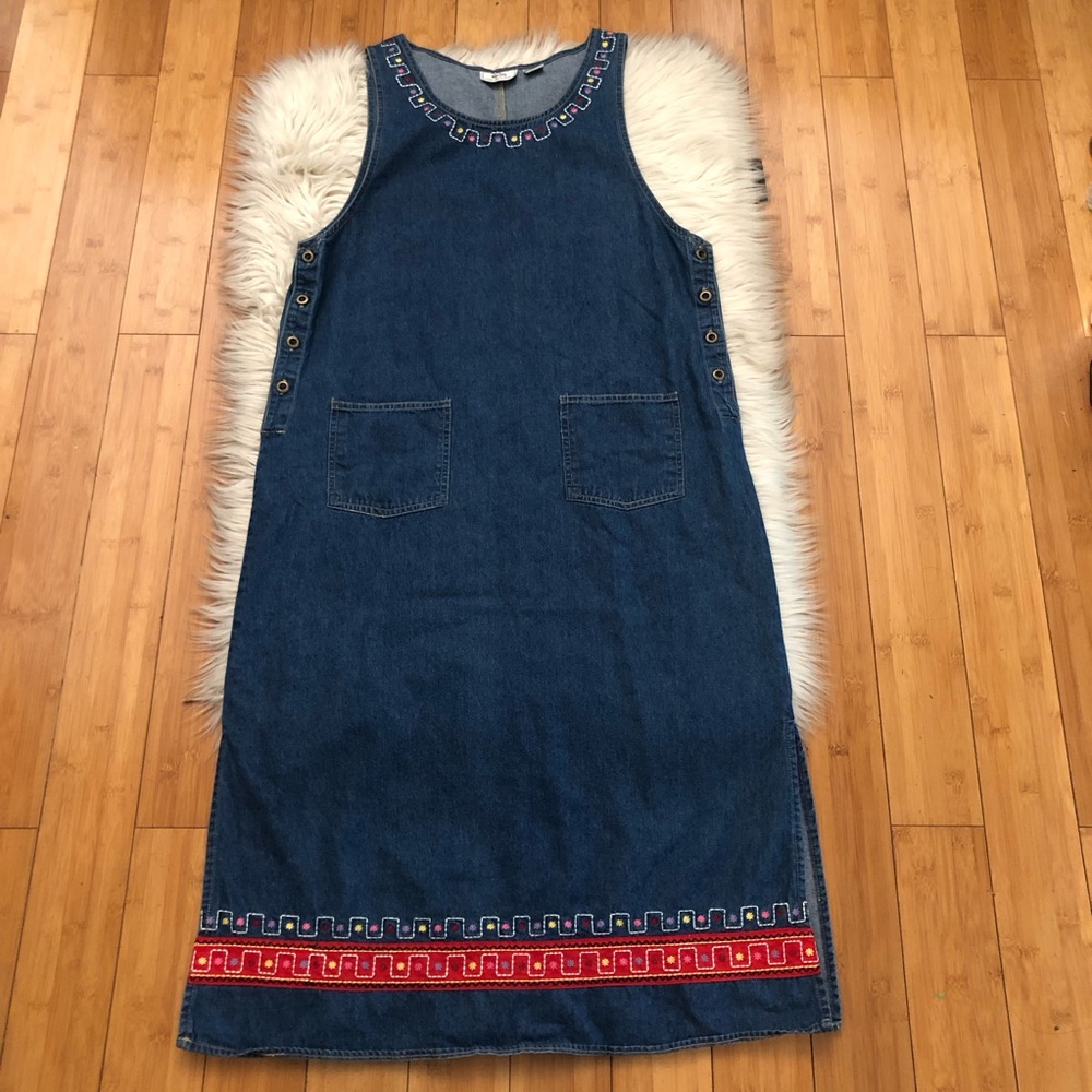 Vintage Denim Cottagecore Embroidered Floral Geometric Button Midi Dress size L